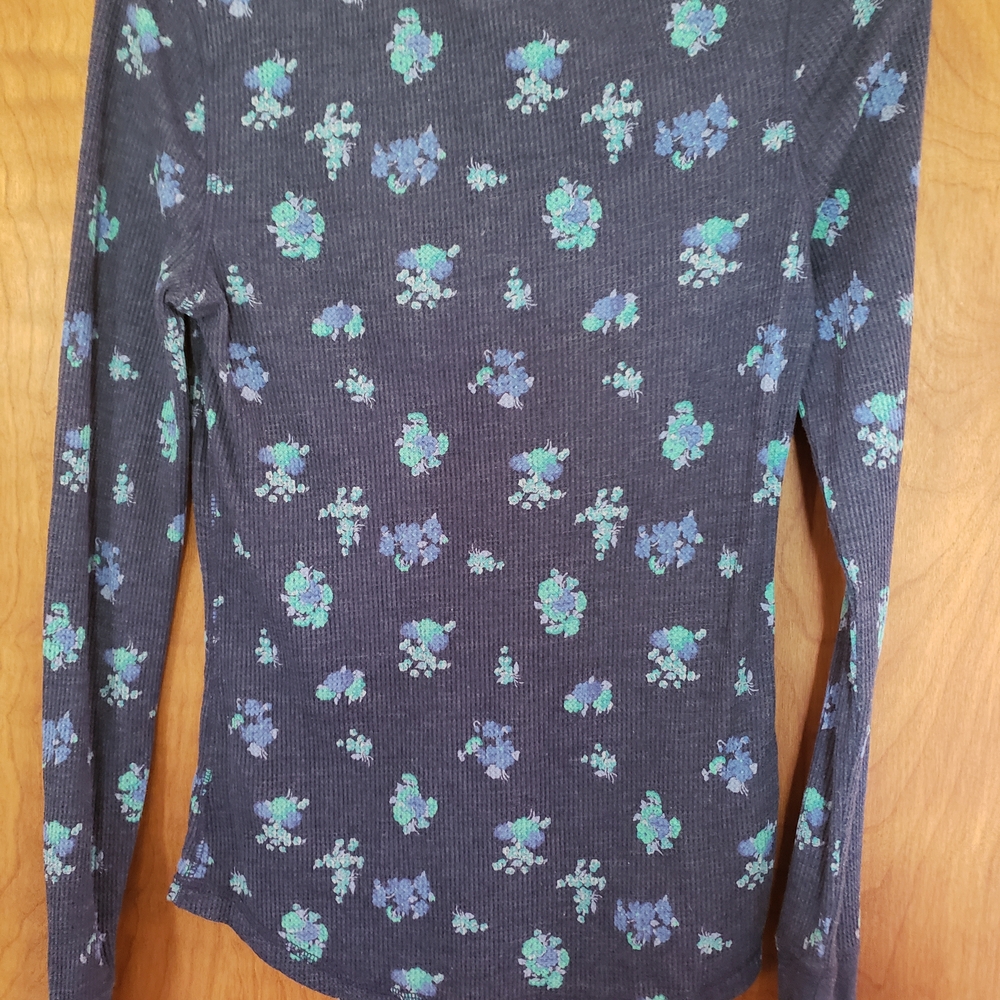 Navy Long Sleeve Floral Ribbed Thermal with Green & Blue Print - Picture 3 of 3